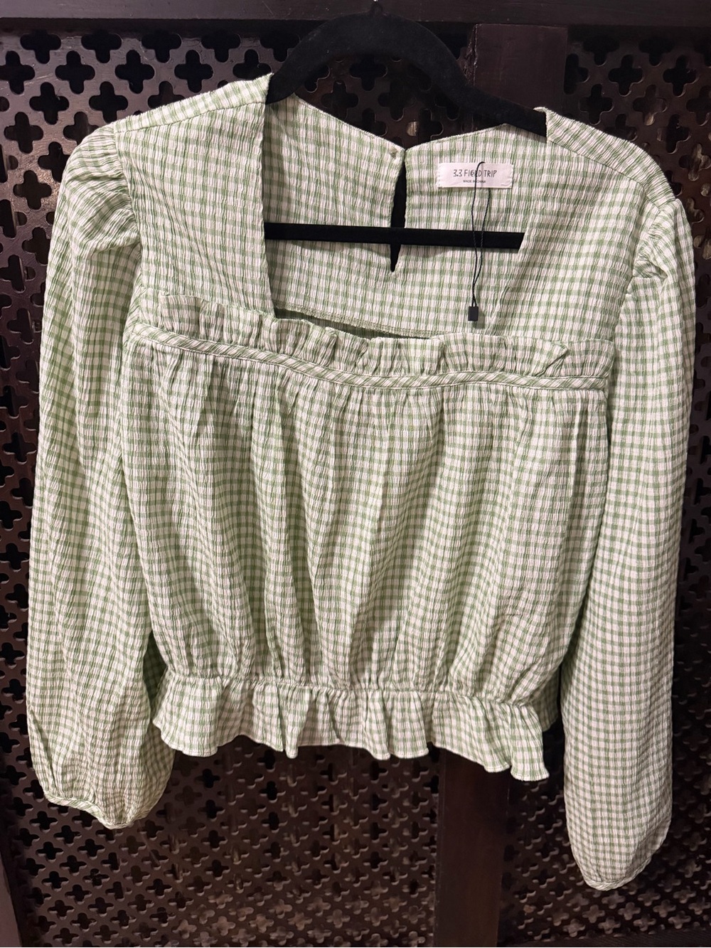 Green Gingham Square-Neck Peasant Top